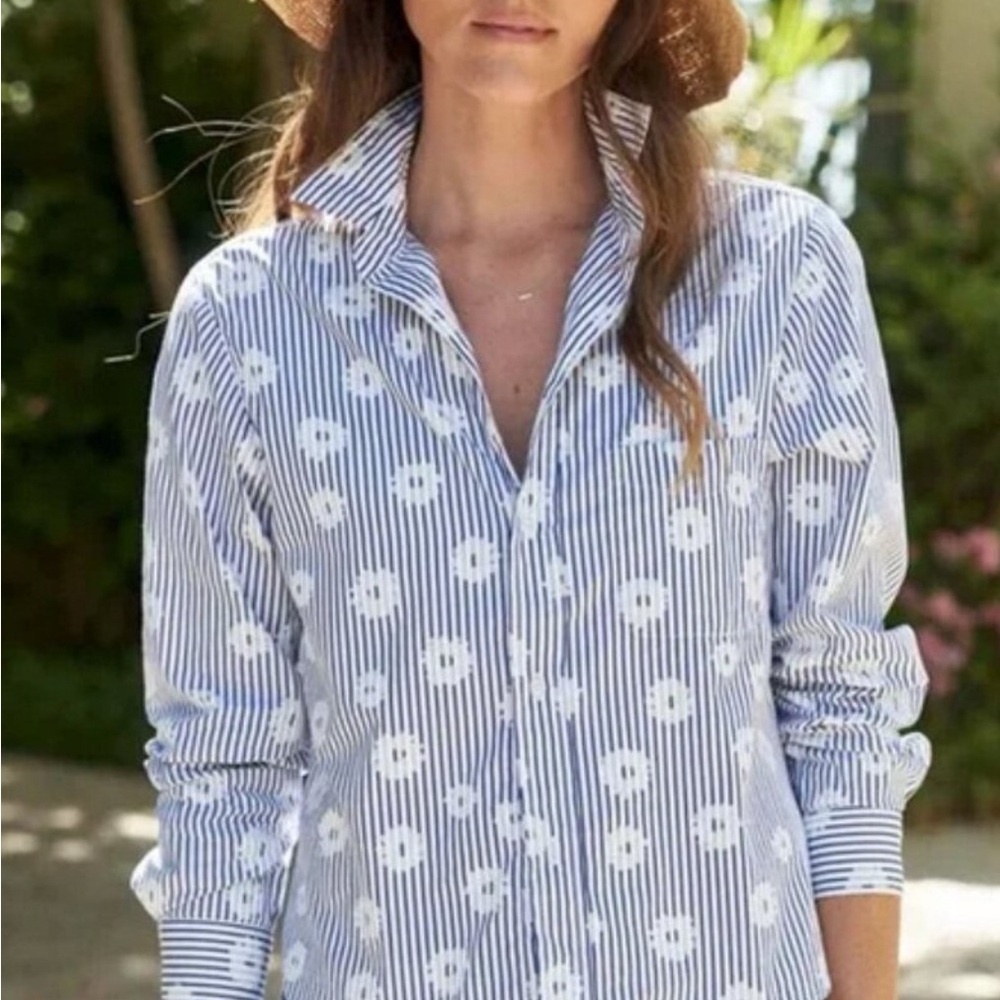 Blue and White Striped Floral Women's Top Frank Eileen, Small, Eileen/Linen.